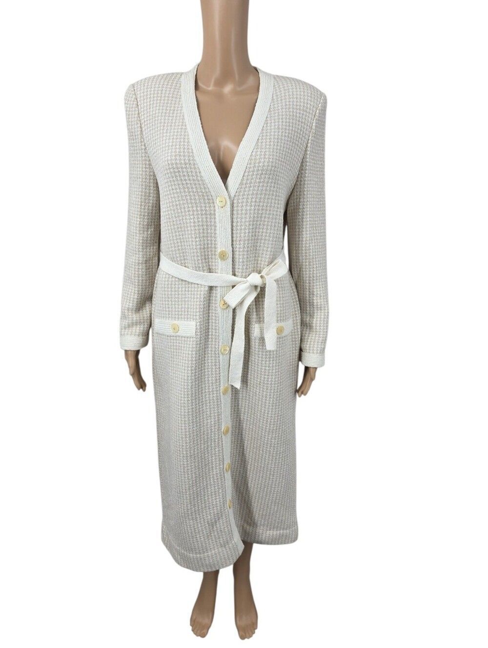 Castleberry Vintage Cream Houndstooth Knit Cardigan Sweater Dress Belted